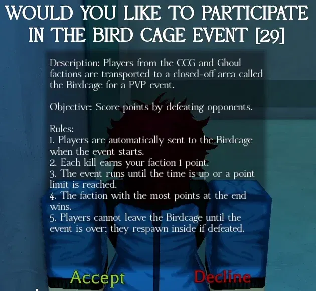 Player interacting with the Bird Cage event notification in Ghoul://Re