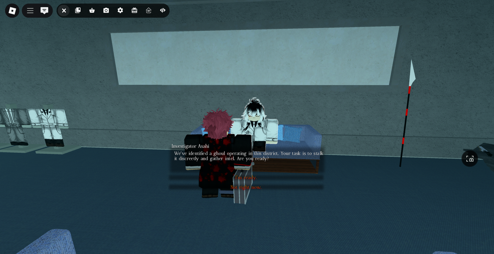 Player interacting with Investigator Asahi for the stalking quest in CCG Base in Ghoul://Re