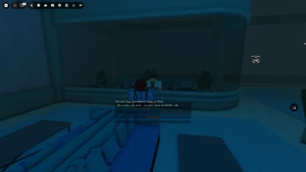 Ghoul player checking his RC cell amount from second class investigator mimir G. mado in hospital ghoul://Re