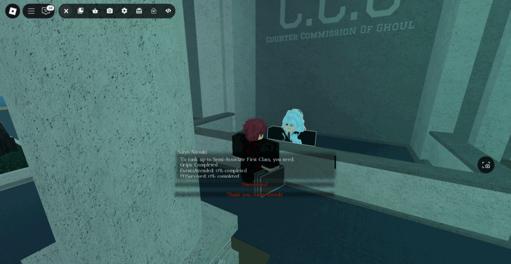 Player checking his rank up requirements with Saiyo Natsuki (CCG) in CCG Base in Ghoul://Re