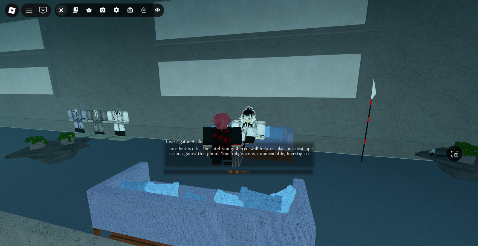 Player delivering the information of the stalked ghoul to Investigator Asahi in CCG Base in GHoul://Re