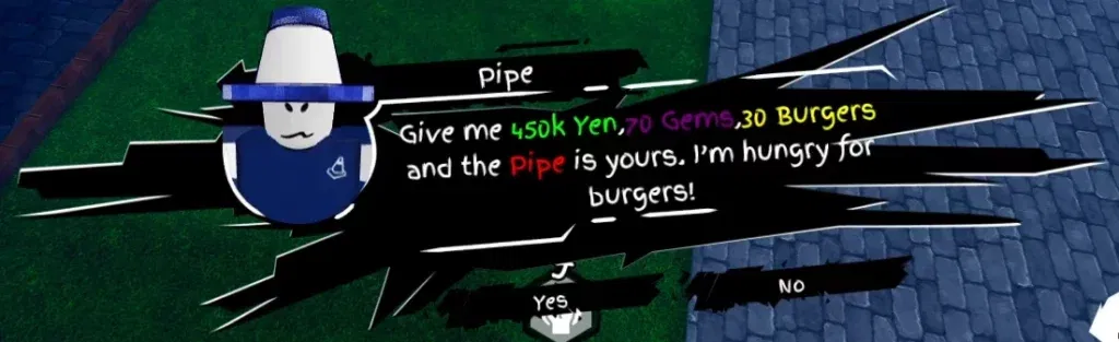 Player interacting with pipe seller NPC in universal piece