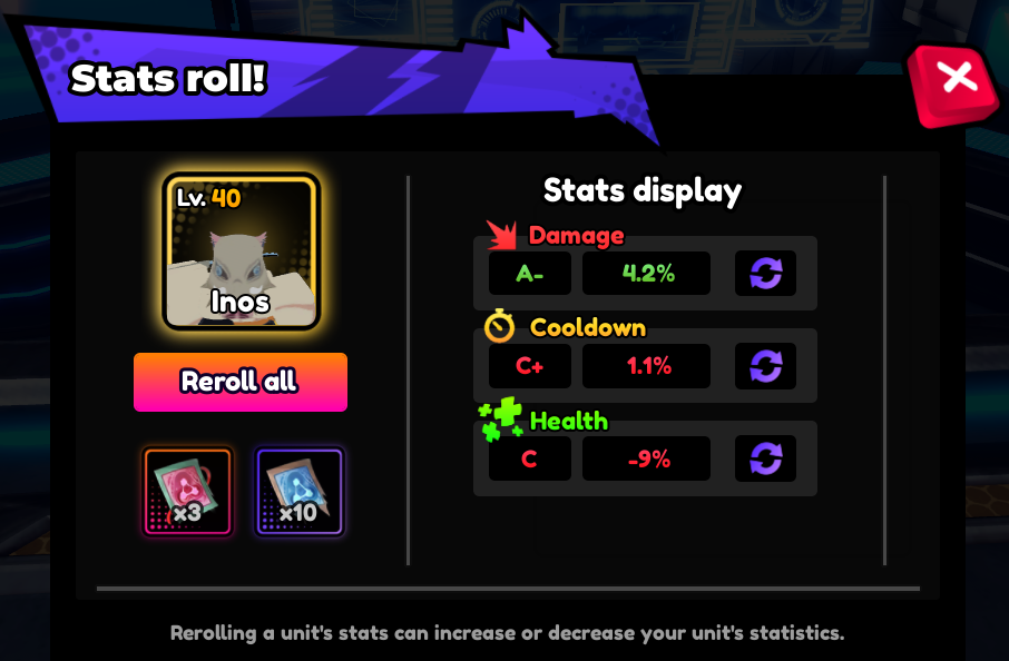player interacting with the stats reroll menu in anime saga