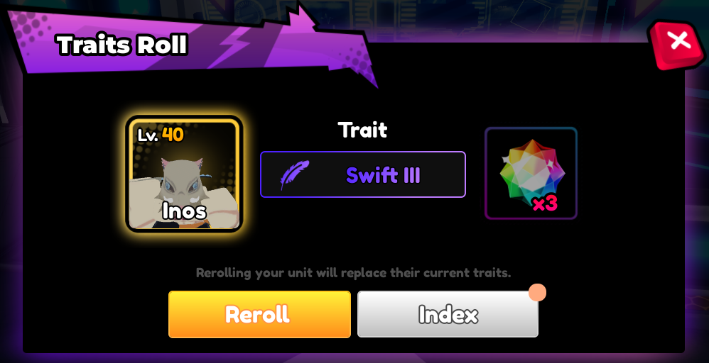 player interacting with the trait reroll menu in anime saga