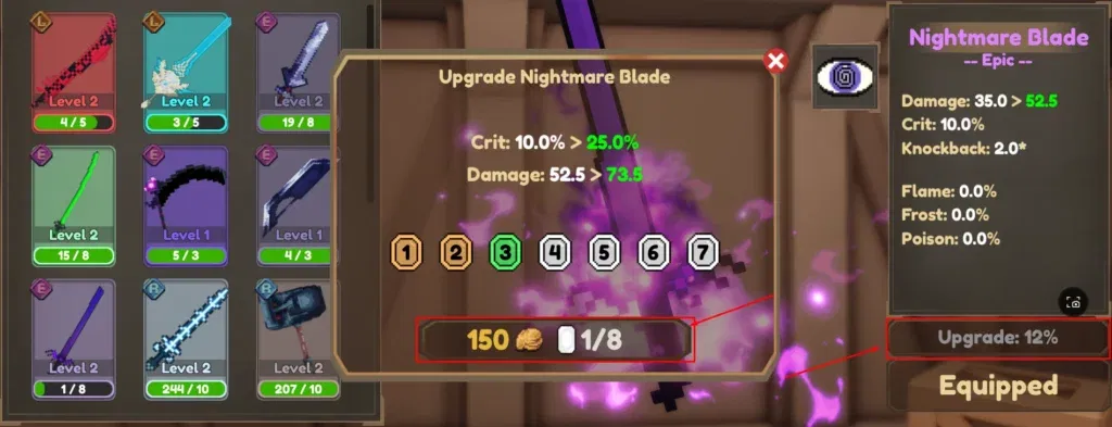 player upgrading the Nightmare Blade in pixel blade