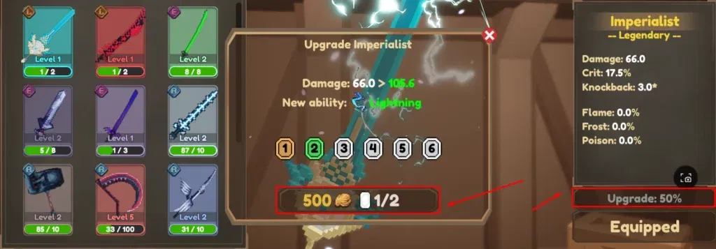 player upgrading the imperialist weapon in pixel blade